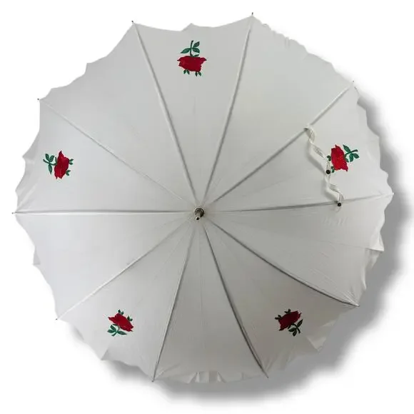 Vtg Saks Fifth Avenue Parasol Umbrella Red Rose Embroidered NOS Pinup Glam Photo